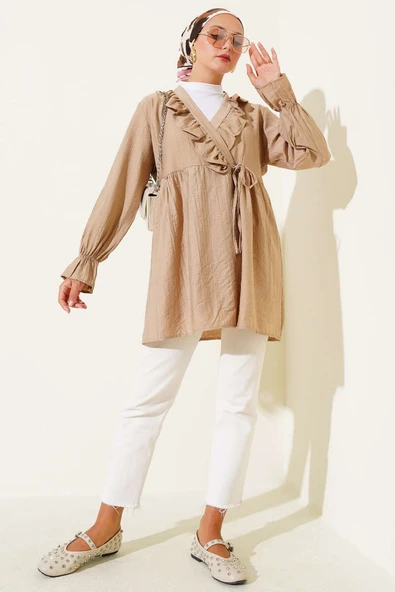 Fırfırlı Bileği Lastikli Kimono Camel - Resim 2