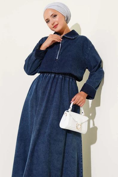 Yarım Fermuarlı Etekli Kot İkili Takım Koyu Mavi - Resim 2