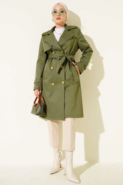 Tek Omuz Apoletli Kruvaze Trençkot Haki ürün görseli 1