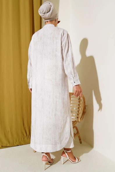 Metal Düğmeli Cepli Uzun Gömlek Taş - Resim 3