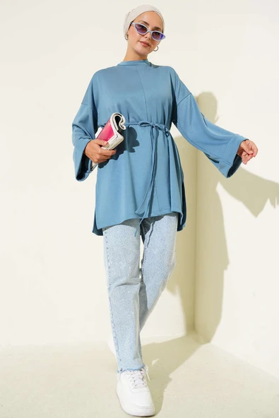 Düşük Duble Kol Tunik İndigo - Resim 2