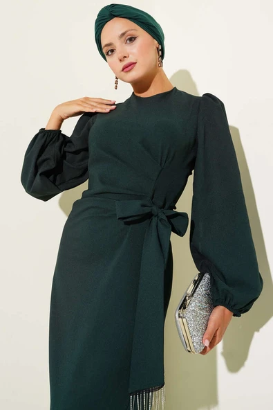 Püskül Taşlı Yan Bağlamalı Abiye Elbise Zümrüt - Resim 2