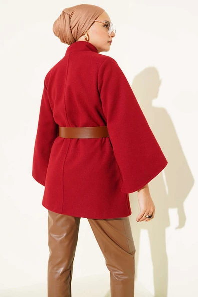 Gold Düğmeli Kaşe Panço Bordo - Resim 3