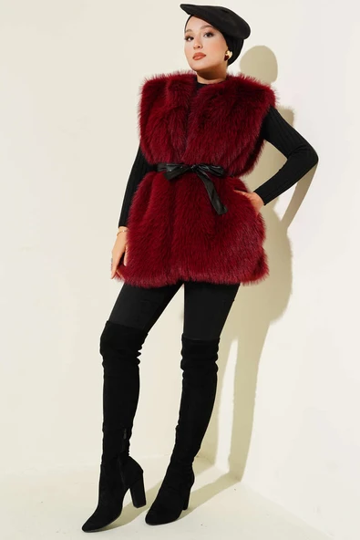 Lolita Peluş Kuşaklı Yelek Bordo - Resim 2