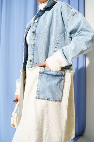 Gömlek Yakalı Uzun Kot Ceket  Açık Mavi - Resim 4