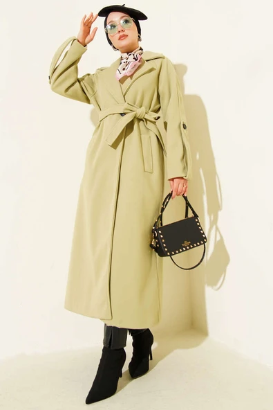 Fitilli Kuşaklı Kaşe Kaban Mint - Resim 2