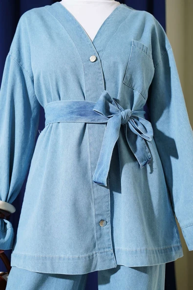 Metal Düğmeli Cepli Kot İkili Takım Açık Mavi - Resim 4