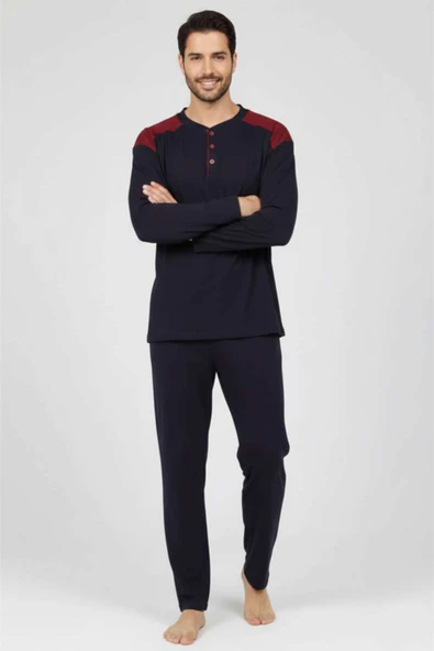Yaka Düğmeli Büyük Beden İnterlok Erkek Pijama Takım Lacivert Bordo ürün görseli 1