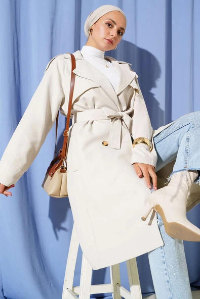 Omuz Apoletli Düğme Detaylı Trençkot Taş ürün görseli 1