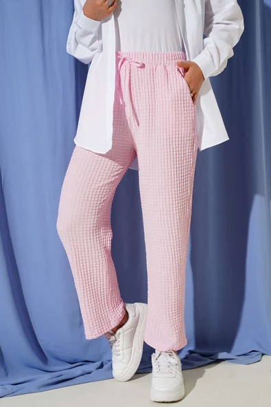 Beli Lastikli Gofre Pantolon Pembe - Resim 2