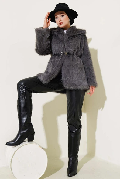 Madonna Yaka Kemerli Kürk Mont Füme - Resim 2