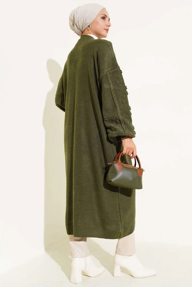 Taşlı Düğmeli Triko Hırka Haki - Resim 3