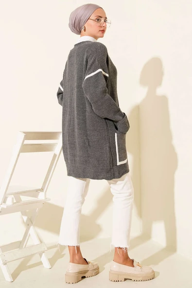 Cepli Gold Düğmeli Triko Hırka Füme - Resim 3