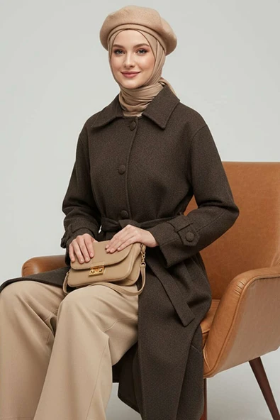 Kuşaklı Düğmeli Kaşe Kaban Acı Kahve - Resim 2