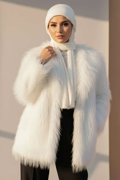 Kruvaze Yaka Kürklü Mont Ekru ürün görseli 1