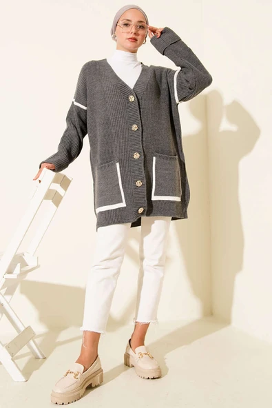 Cepli Gold Düğmeli Triko Hırka Füme - Resim 2