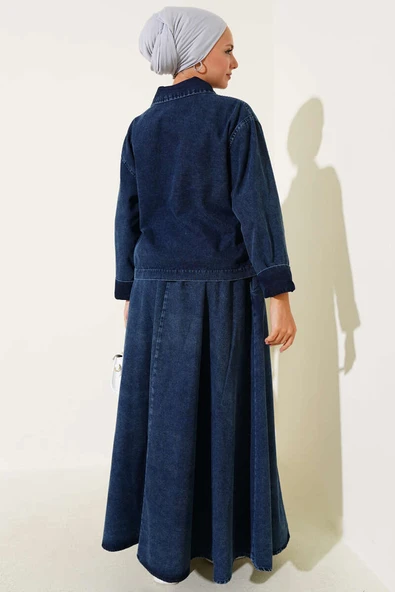 Yarım Fermuarlı Etekli Kot İkili Takım Koyu Mavi - Resim 3