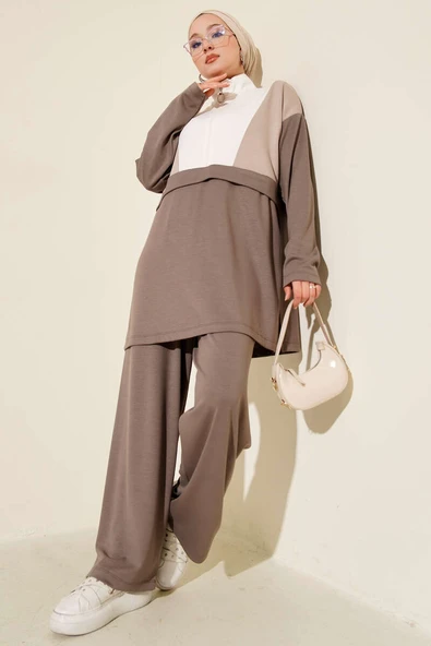 Garnili Yarım Fermuar Detaylı İkili Takım Vizon ürün görseli 1