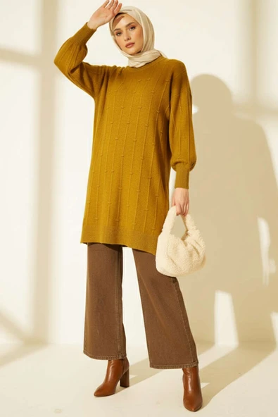 Damla Desen Yumoş Triko Kazak Yağ Yeşili - Resim 2