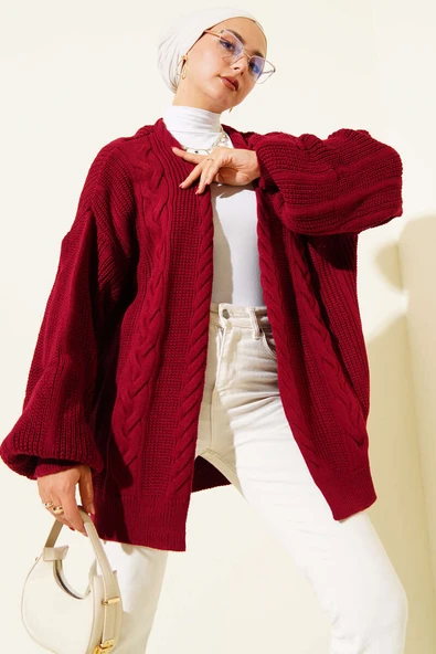 Saç Örgü Detaylı Hırka Bordo ürün görseli 1