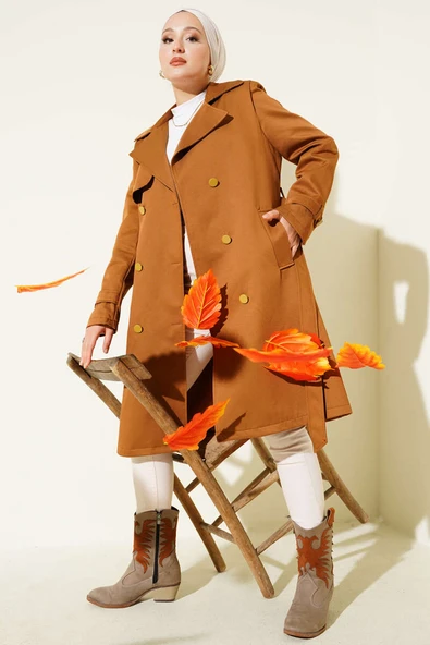 Tek Omuz Apoletli Kruvaze Trençkot Taba ürün görseli 1