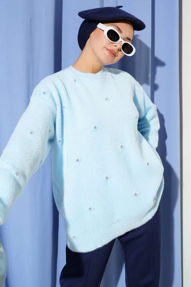 Taş Detaylı Sakallı Kazak Mavi