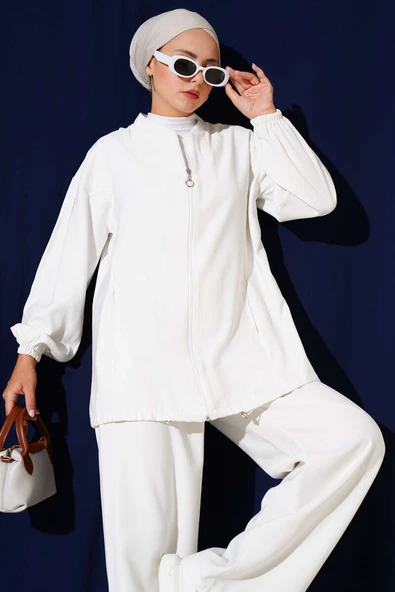 Bilek Lastikli Fermuarlı Tensel İkili Takım Beyaz - Resim 2