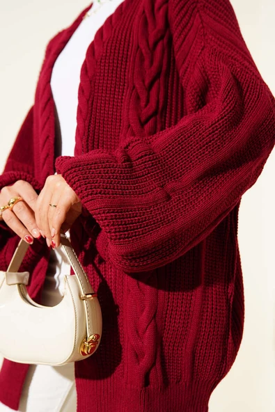 Saç Örgü Detaylı Hırka Bordo - Resim 4