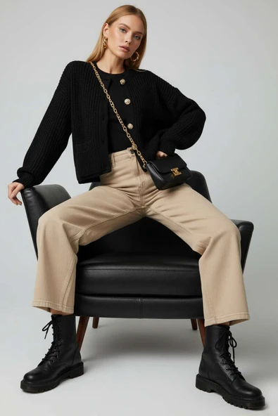 Düğme Detaylı Cepli Triko Hırka Siyah - Resim 2