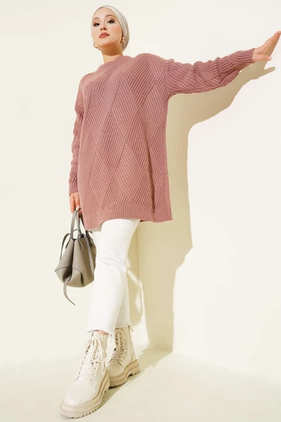 Çizgi Baklava Desen Triko Tunik Gül Kurusu - Resim 2