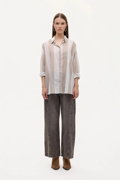 Quzu Matchli Oversize Kadın Gömlek 26KGML01003 - Resim 4