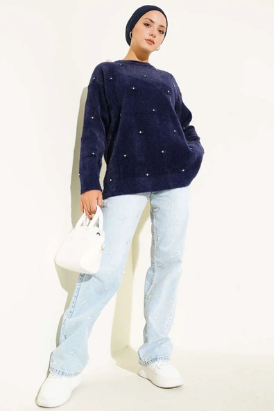 Taş Detaylı Sakallı Kazak Lacivert - 2