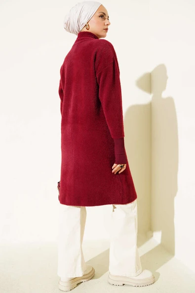 Metal Düğmeli Sakallı Hırka Bordo - Resim 3