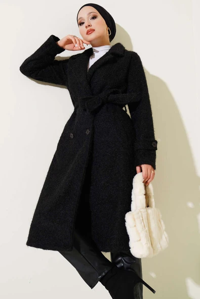 Kruvaze Yaka Kuşaklı Kaşe Kaban Siyah ürün görseli 1