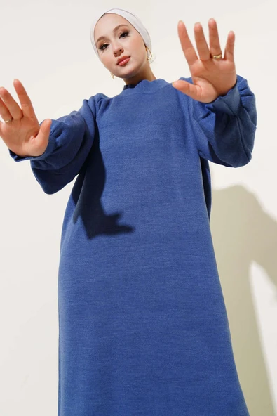 Balon Kol Triko Elbise İndigo ürün görseli 1