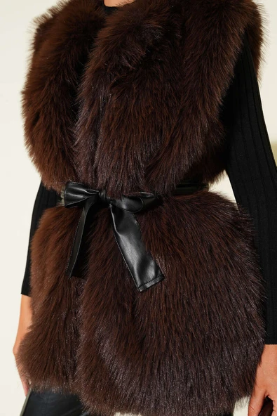 Lolita Peluş Kuşaklı Yelek Acı Kahve - Resim 4