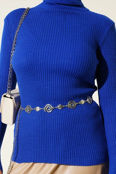 Balıkçı Yaka Parmak Geçirmeli Triko Kazak Saks - Resim 4