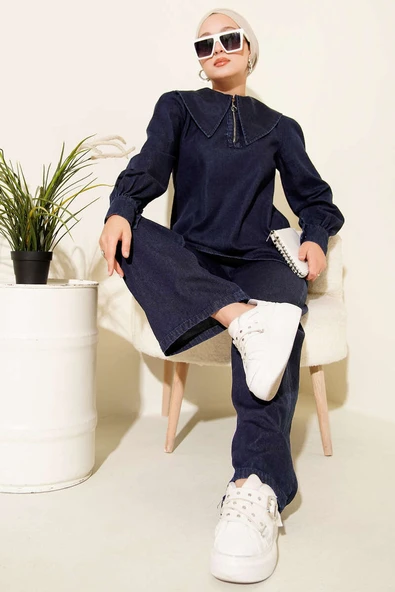 Denizci Yaka Fermuarlı Kot İkili Takım Lacivert - Resim 2