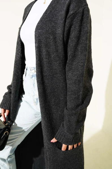 Cepli Uzun Triko Hırka Antrasit - Resim 4