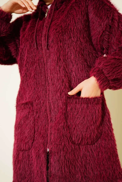 Kapüşonlu Fermuarlı Cepli Hırka Bordo - Resim 4