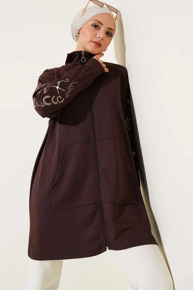 Loyşa Kolları Nakışlı Fermuarlı Hırka Acı Kahve ürün görseli