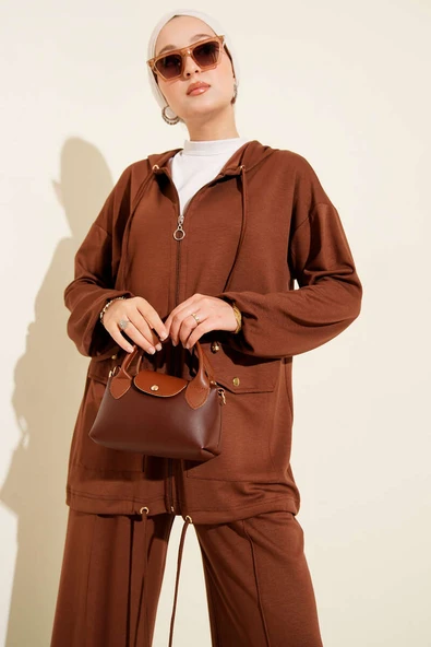 Loyşa Fermuarlı Cepli Kapüşonlu İkili Takım Kahve - Resim 2