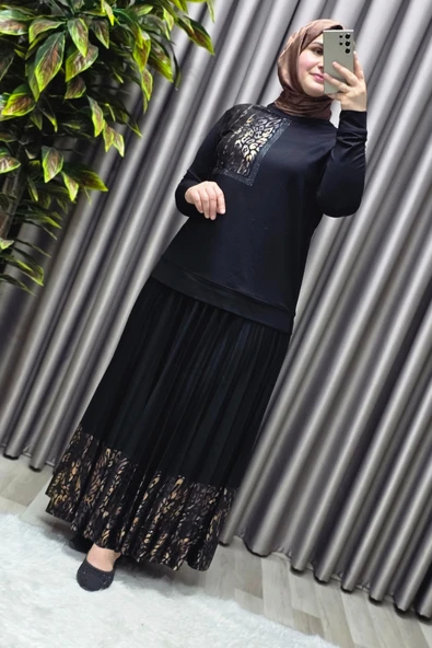 Kadın Tesettür Giyim Büyük Beden Pileli Leopar Desenli Etekli Takım - 2