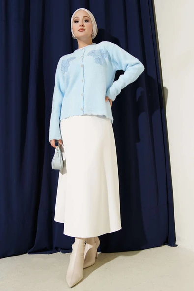 Sakallı Çiçek Motifli Hırka Mavi - Resim 2