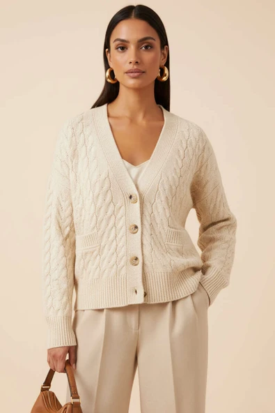 Oversize Cepli Örgü Hırka Bej