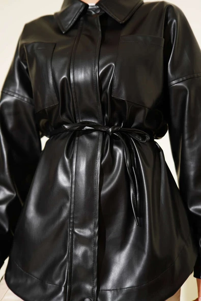 Gömlek Yaka İp Kuşaklı Deri Ceket Siyah - 4
