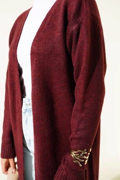 Cepli Uzun Triko Hırka Bordo - Resim 4