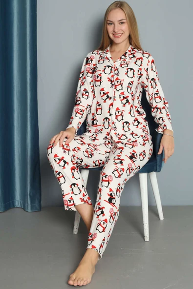 Penguen Desen Süet Pijama Takımı Beyaz ürün görseli