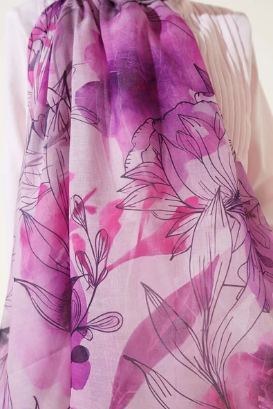 Lilyum Desen Ebruli Şal Fuşya - Resim 4