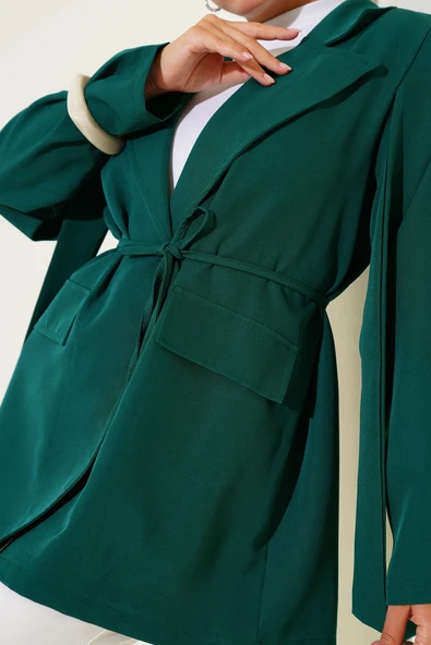 Omuz Pileli İp Bağcıklı Ceket Zümrüt - Resim 4